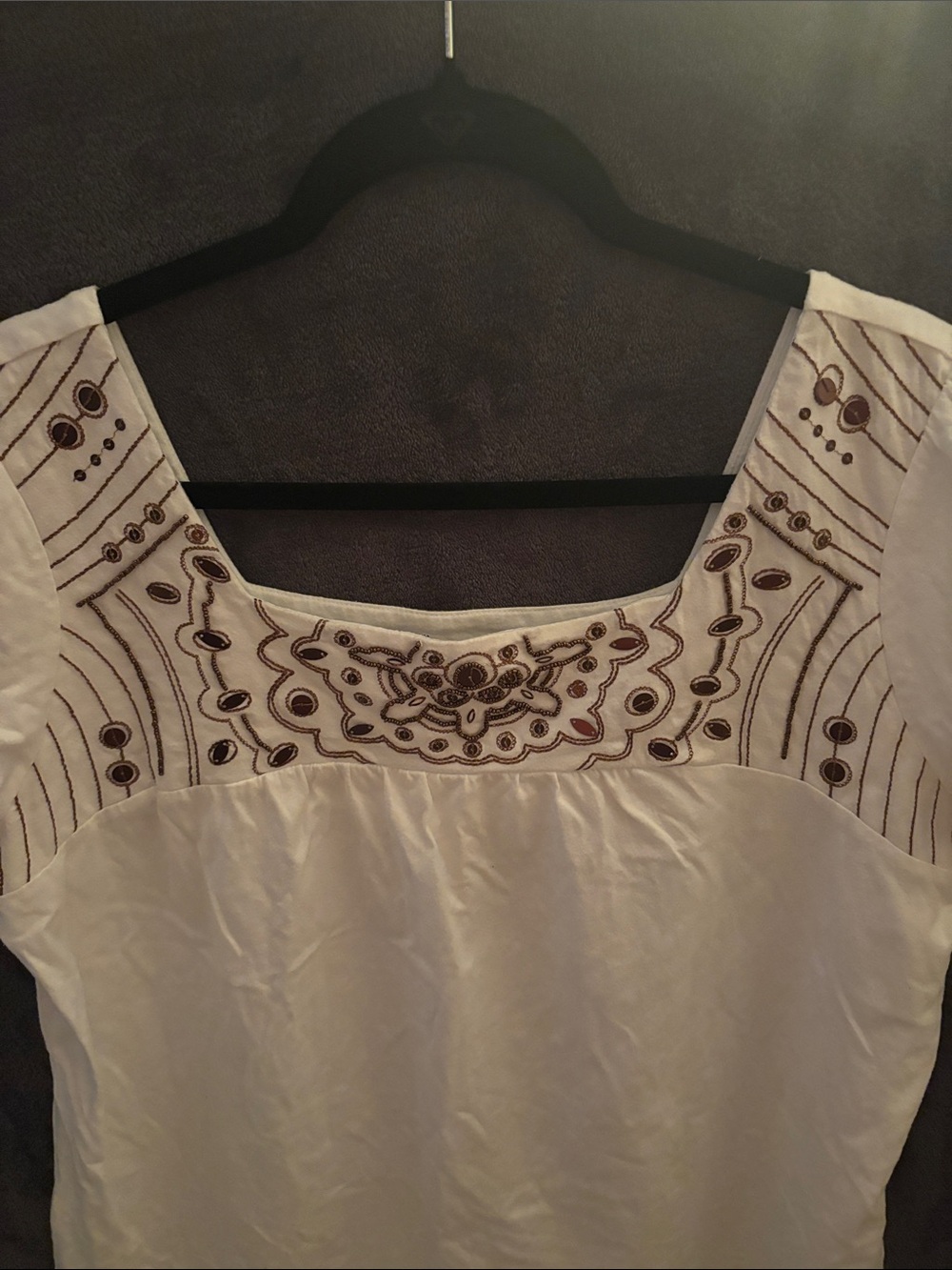 Embroidered Square-Neck Cotton Top - White with Brown Detail - Picture 2 of 7